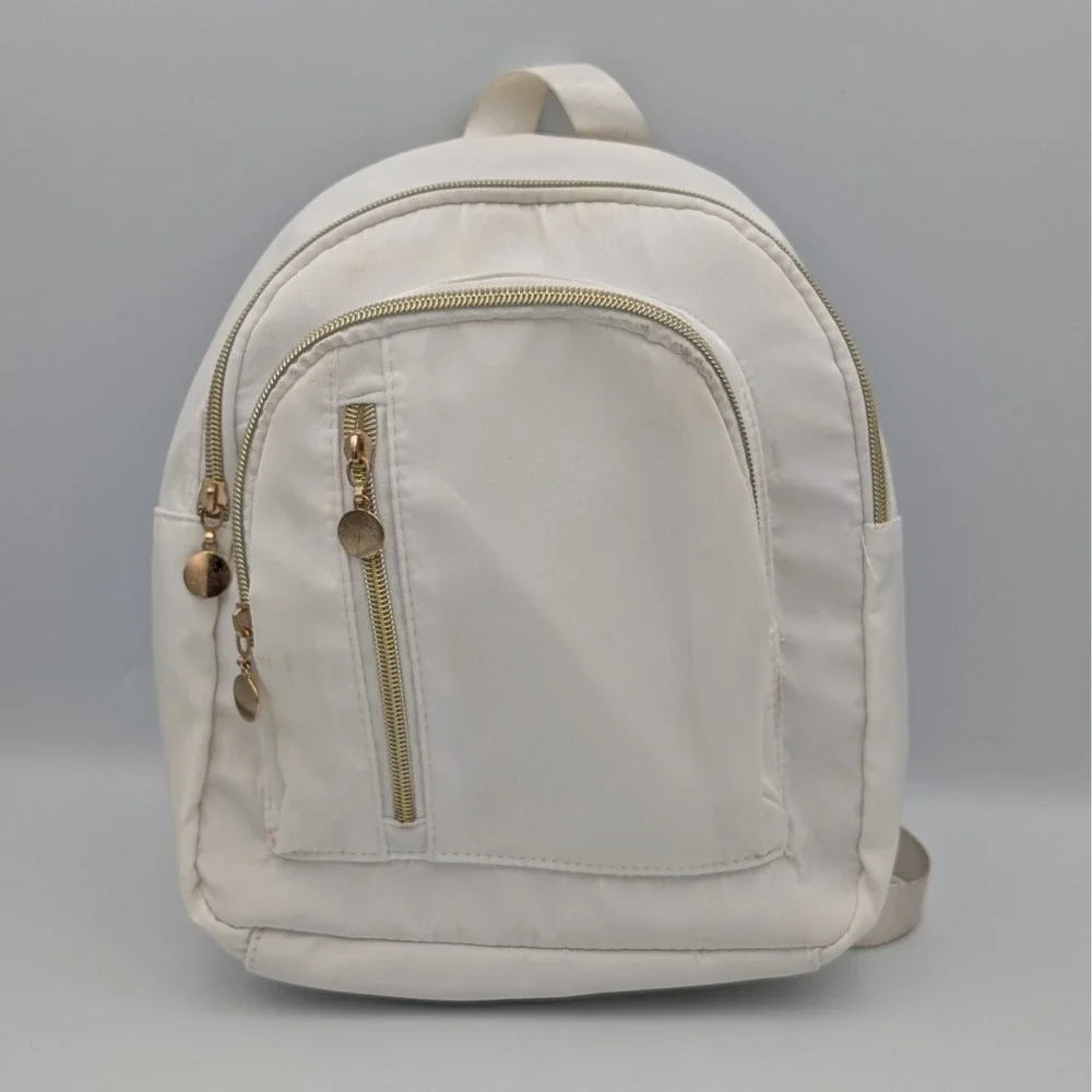 Mini White Nylon Backpack Gold Hardware Small Travel Rucksack Minimalist Bag